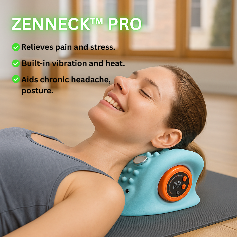 Woman using a Zenneck Pro neck massager with text highlighting its features.