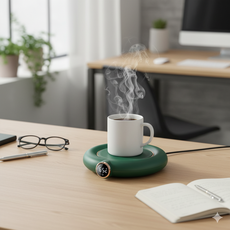 White mug with steam on a green heating pad on a desk with office items.