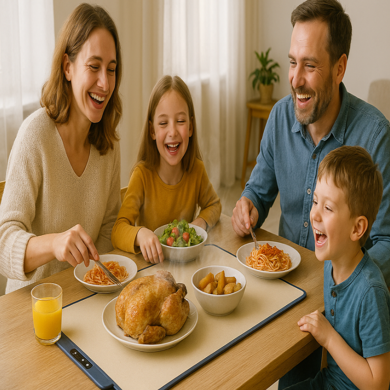 happy family enjoying a meal at home while using a food warming mat to keep the food warm.