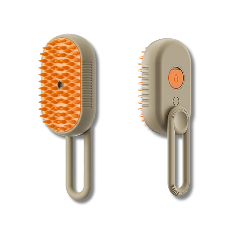 green glogroom steam pet grooming brush on white background.