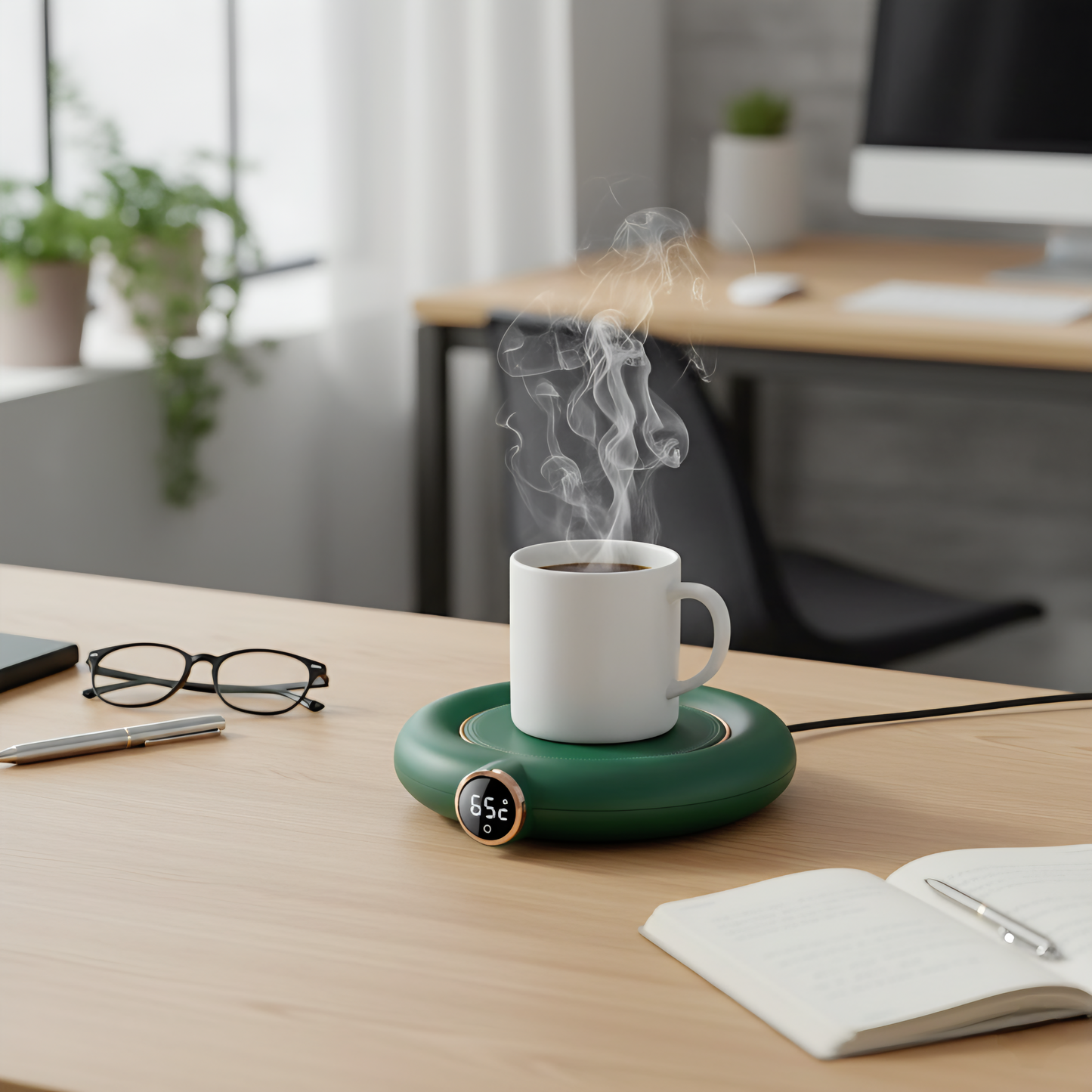 White mug with steam on a green desk warmer in a home office setting