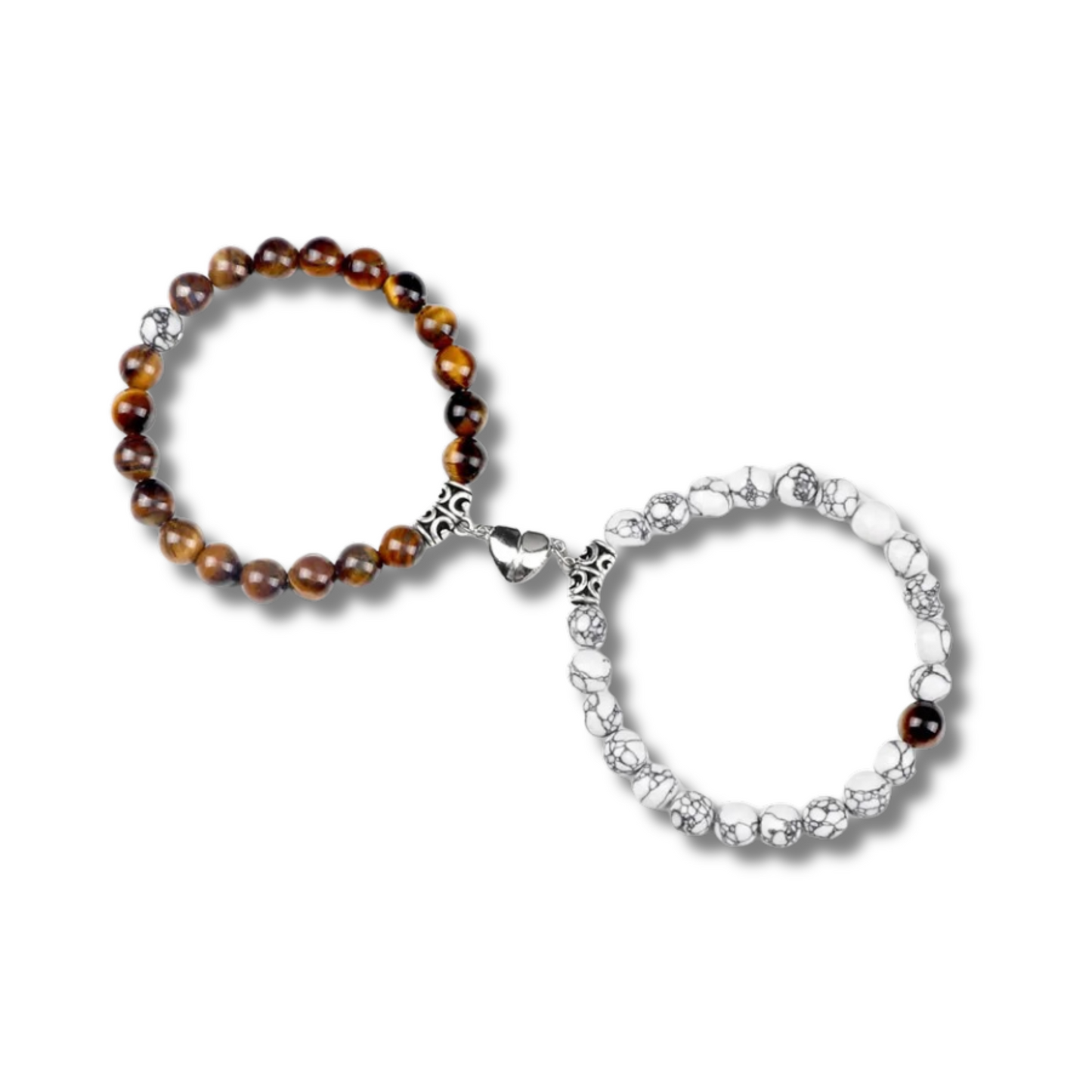 one tiger eye and one white stone bracelet couple's matching bracelet attached with magnetic heart