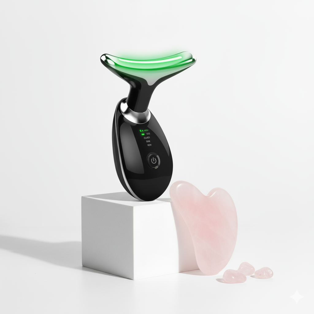 Black Pure Aura EMS face massager with rose quarts gua sha