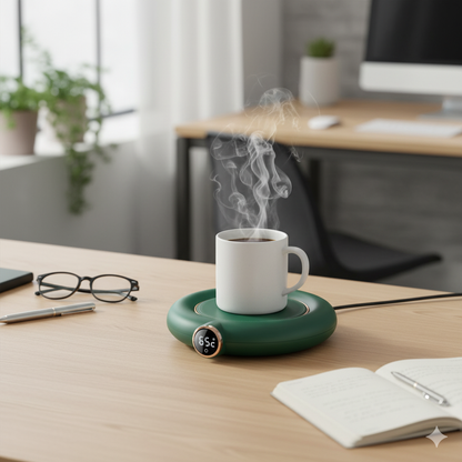 White mug with steam on a green heating pad on a desk with office items.