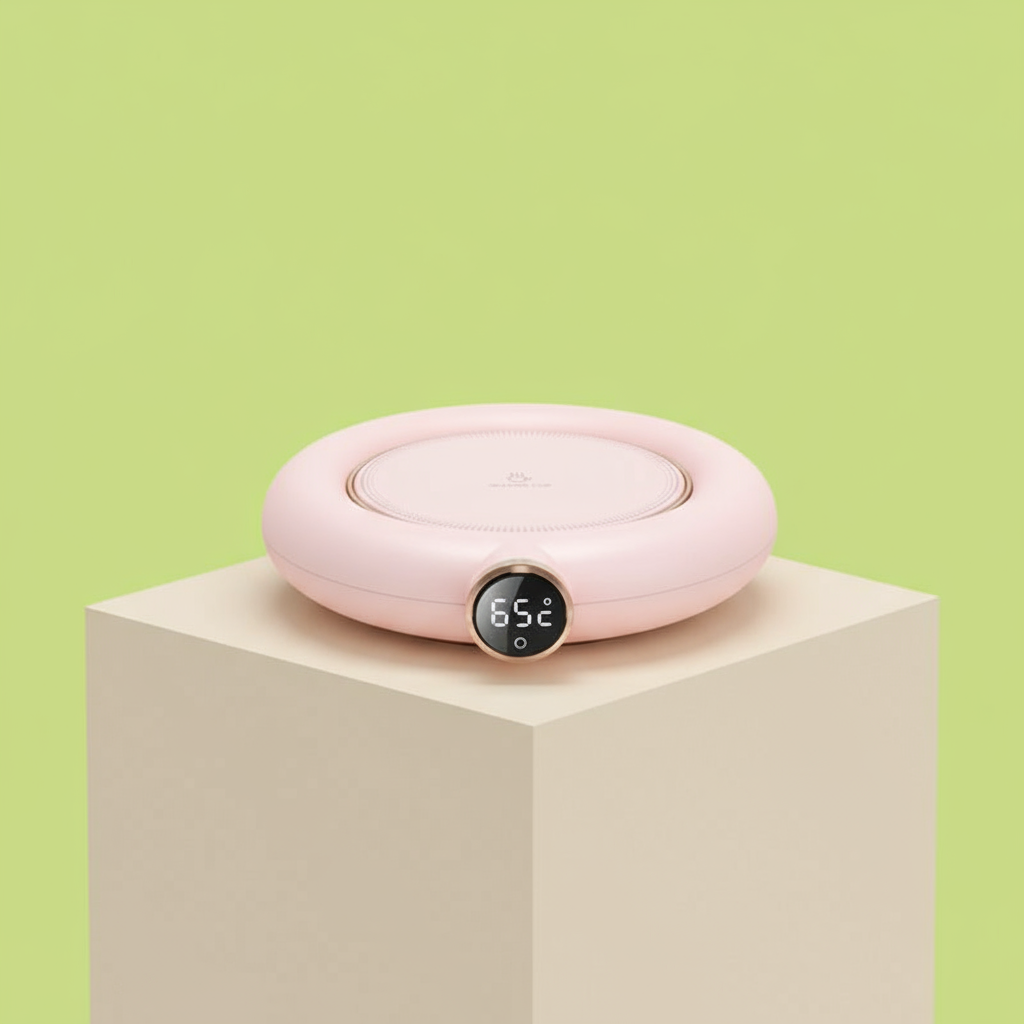 Pink electronic device with digital display on a beige platform against a green background