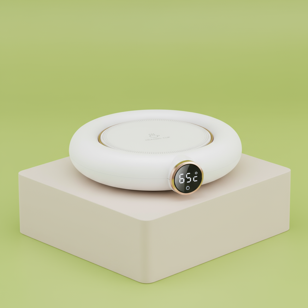 White electronic device with digital display on a beige block against a green background