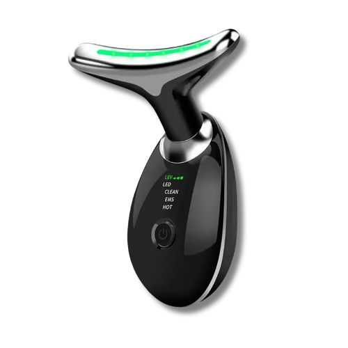Black Pure Aura Micro Face Massager with green light on against a white background.
