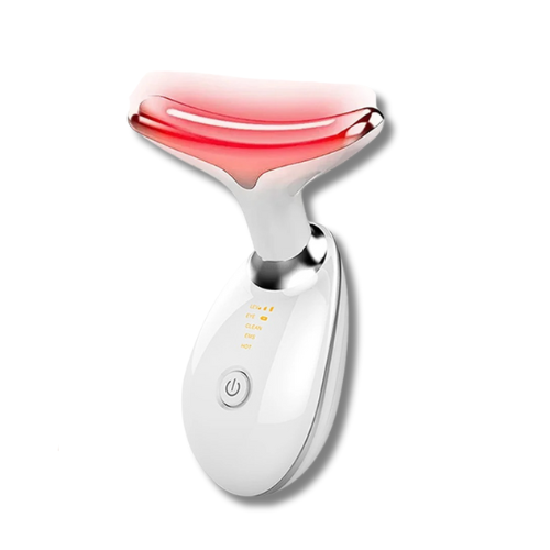 photo of white pure aura micro face massager with red light on against a white background