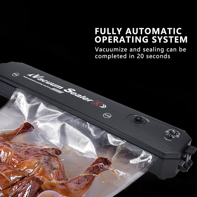 a roasted chicken being sealed in a bag with a food vacuum sealer machine