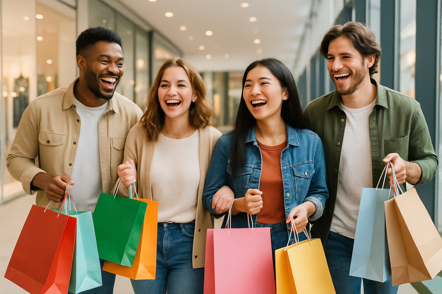 make me an image for a general online store of a group of friend shopping and carrying shopping bags while they are all smiling and having a good time.