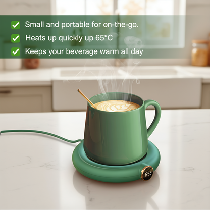 Green mug on a matching hot pad with steam, placed on a kitchen counter.