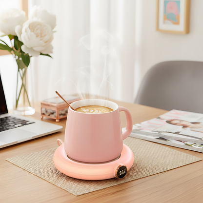 Pink mug on a heating pad with steam, placed on a desk with a laptop and flowers in the background.