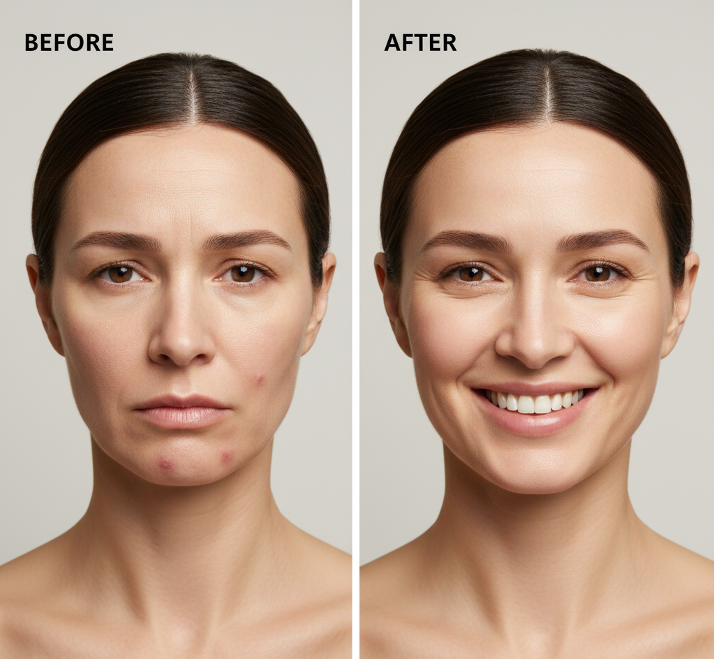 Before and after comparison of a woman's face with visible skin improvement.