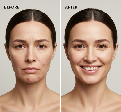 Before and after comparison of a woman's face with visible skin improvement.